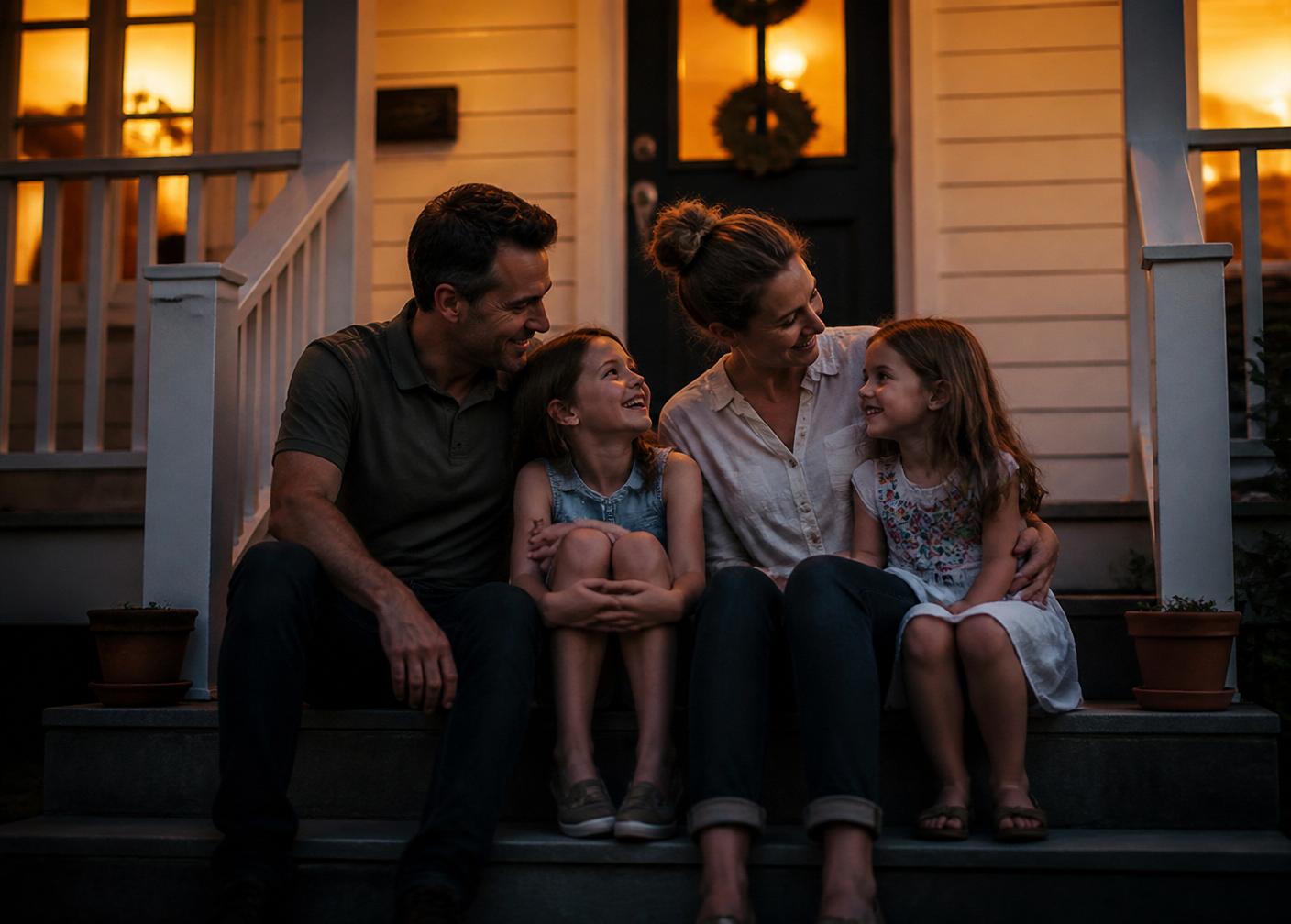 A family on the porch of their solar-powered home