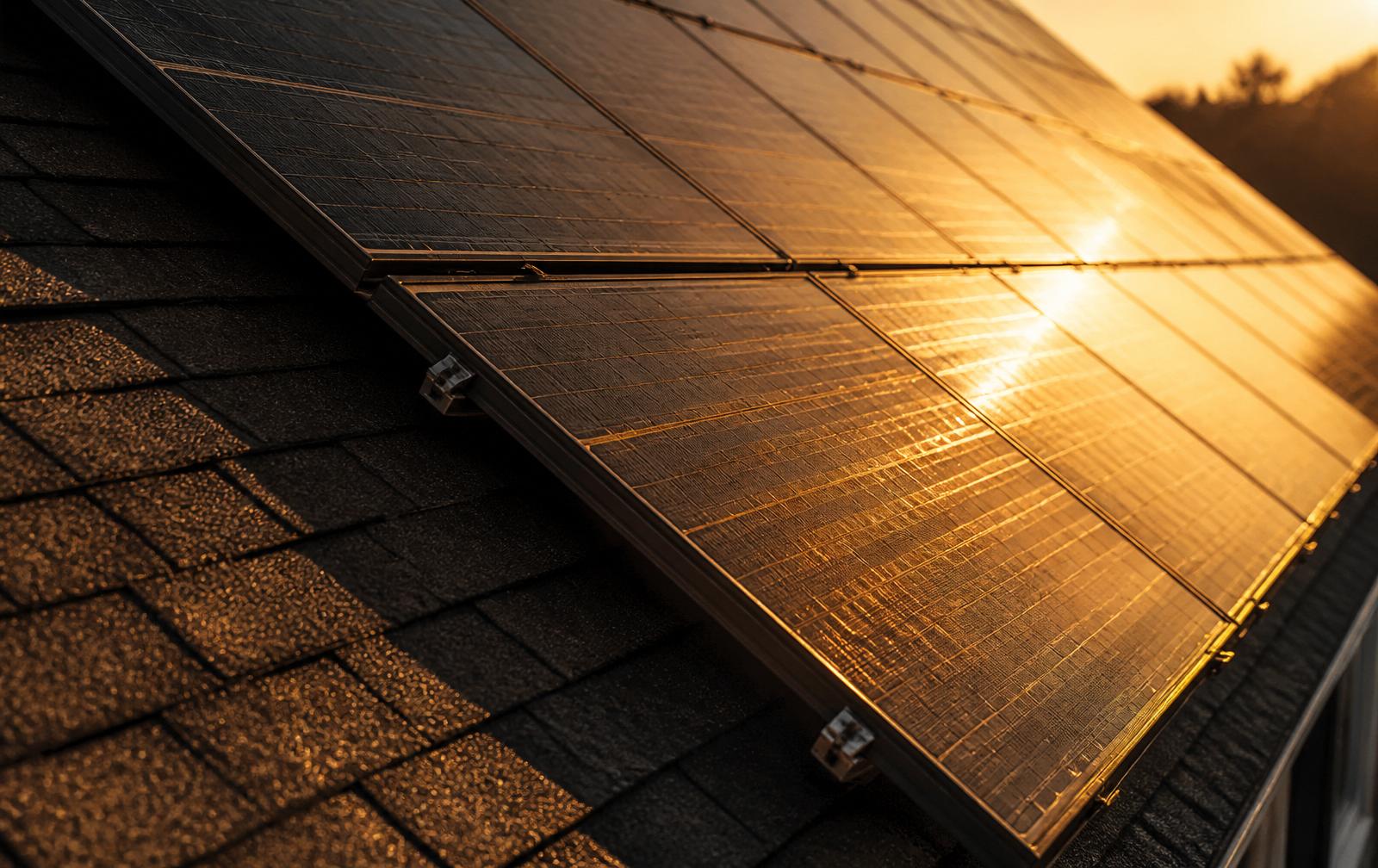 Rooftop solar panels catching golden light